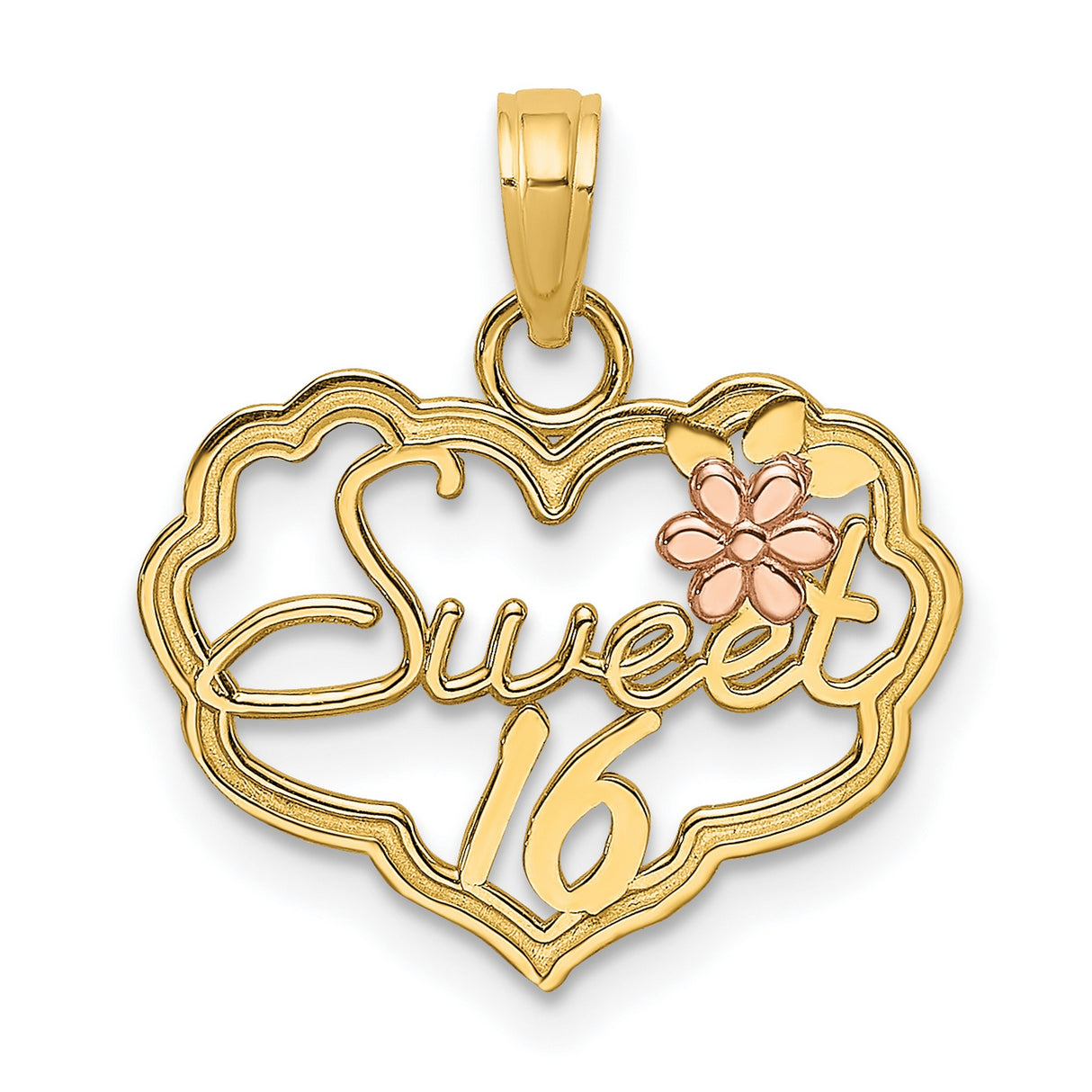 14k Two-Tone Gold Heart Sweet 16 Pendant with Pink Flower Accent, Script Charm for Teen Girl
