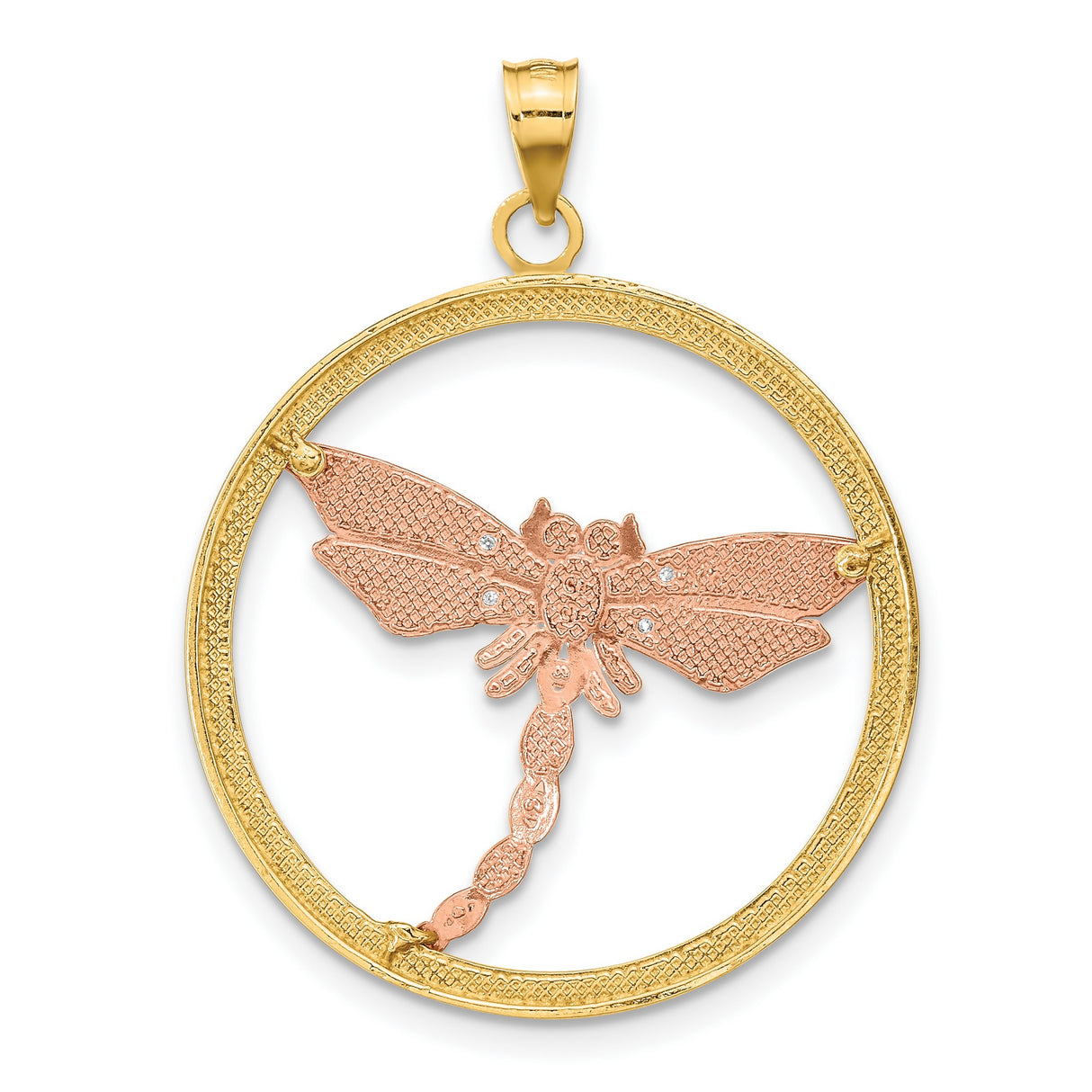 14k Two-Tone Gold Dragonfly Pendant in Yellow Gold Circle with White and Rose Accents