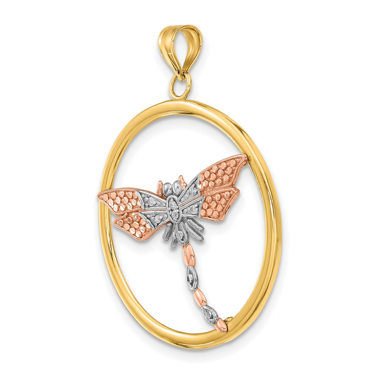 14k Two-Tone Gold Dragonfly Pendant in Yellow Gold Circle with White and Rose Accents