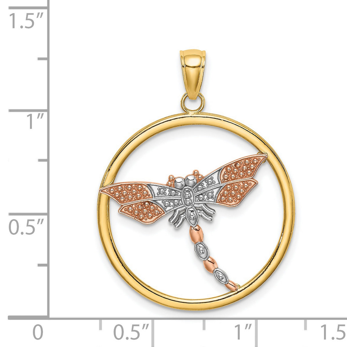 14k Two-Tone Gold Dragonfly Pendant in Yellow Gold Circle with White and Rose Accents