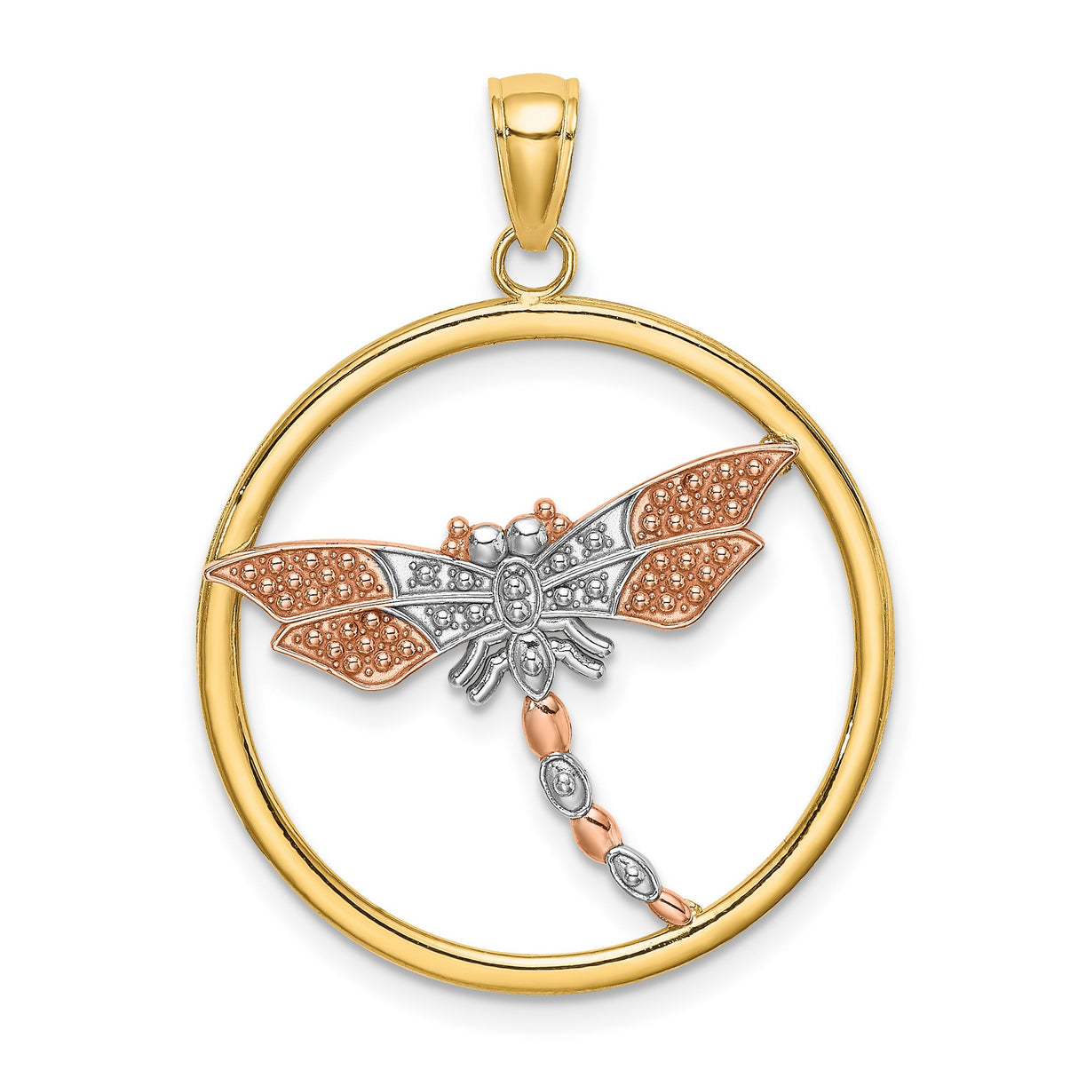 14k Two-Tone Gold Dragonfly Pendant in Yellow Gold Circle with White and Rose Accents