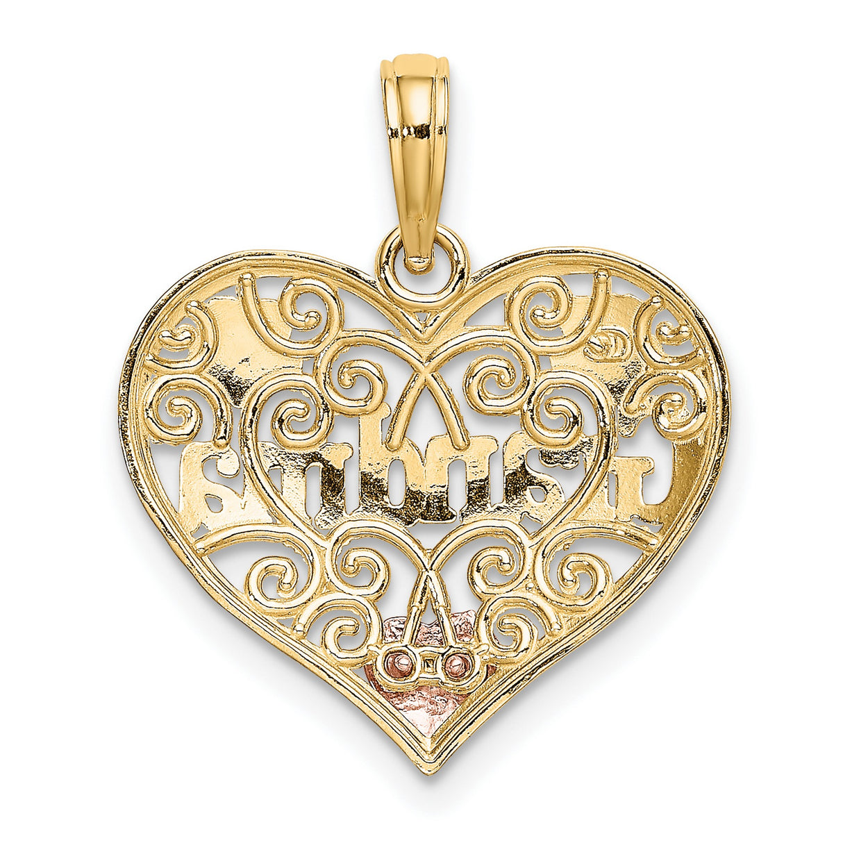 14k Two-Tone Gold Heart Pendant with Grandma Script, Floral Filigree, Rose Accent