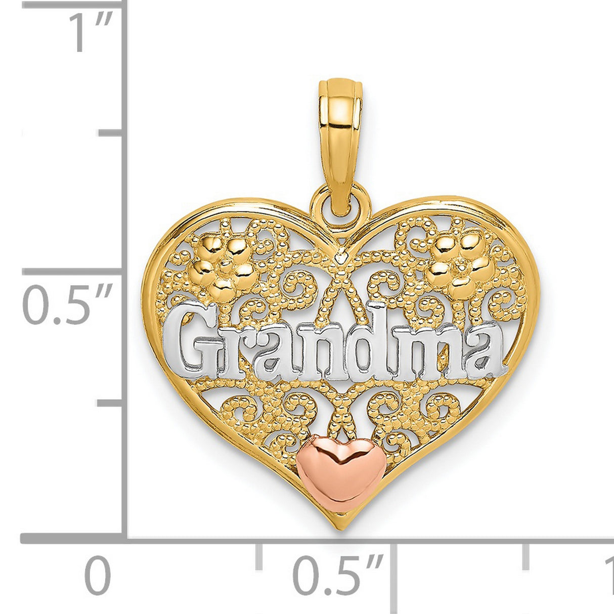 14k Two-Tone Gold Heart Pendant with Grandma Script, Floral Filigree, Rose Accent