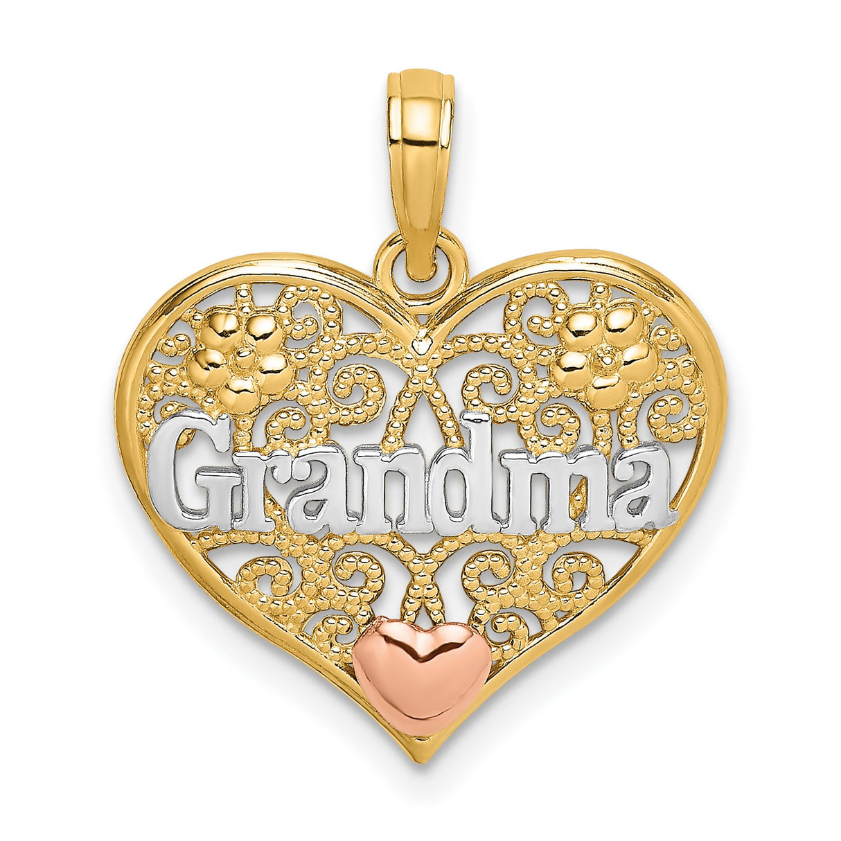 14k Two-Tone Gold Heart Pendant with Grandma Script, Floral Filigree, Rose Accent