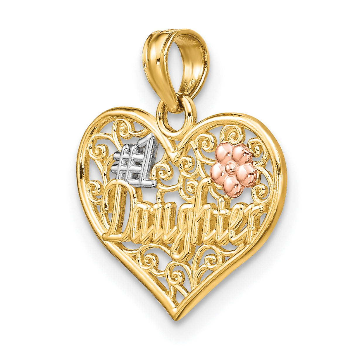 14k Two-Tone Gold Heart Pendant with Pink Flower Accent and Filigree Detailing