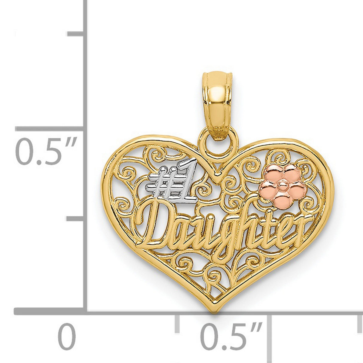 14k Two-Tone Gold Heart Pendant with Pink Flower Accent and Filigree Detailing