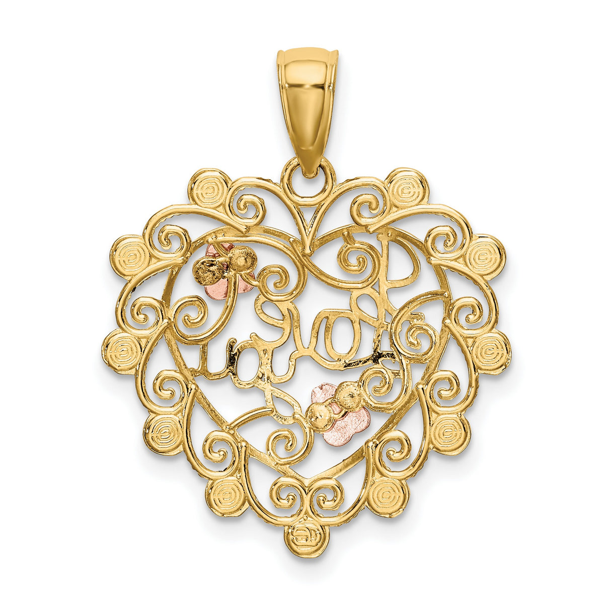14k Two-Tone Gold Heart Pendant with Filigree, Rose Gold Flowers, I Love You Script