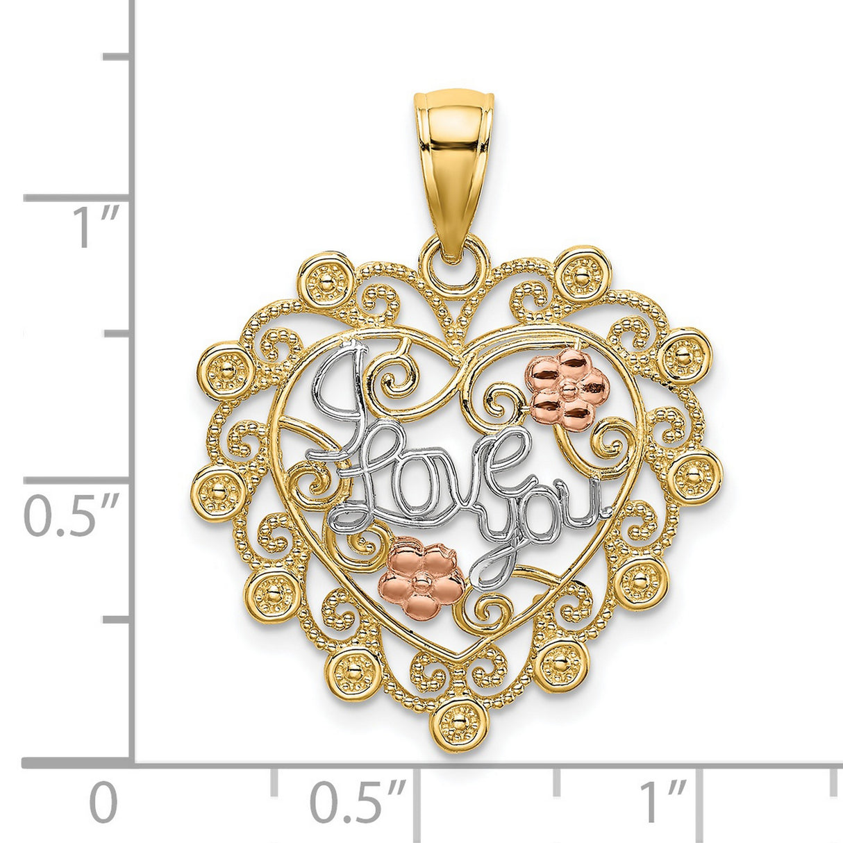 14k Two-Tone Gold Heart Pendant with Filigree, Rose Gold Flowers, I Love You Script