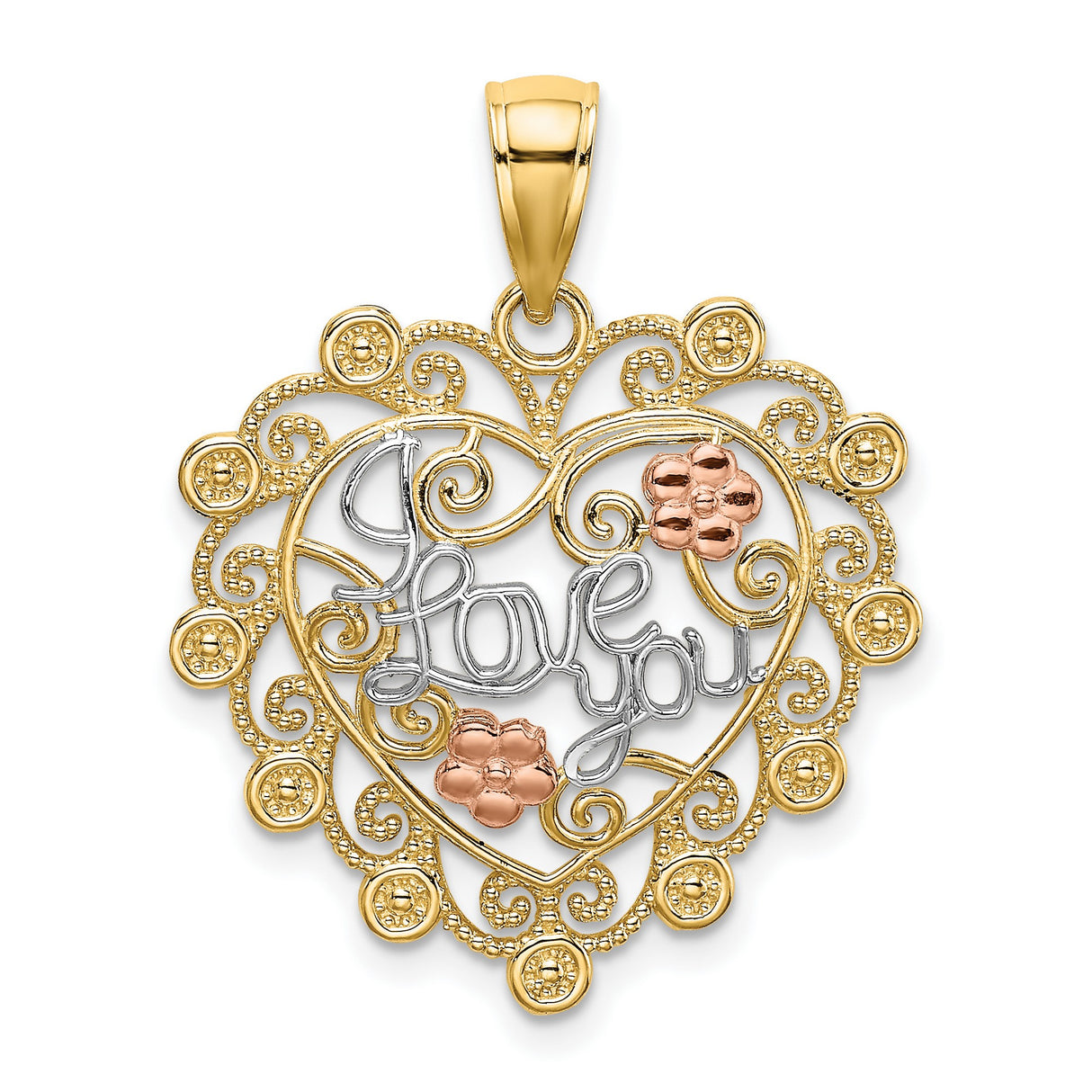 14k Two-Tone Gold Heart Pendant with Filigree, Rose Gold Flowers, I Love You Script