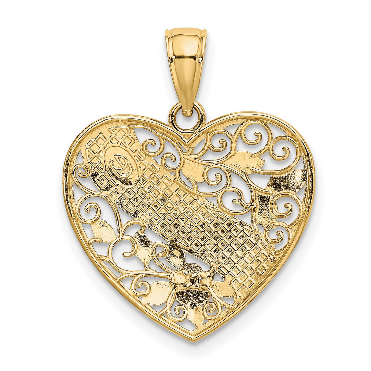 14k Two-Tone Gold Heart Pendant with Filigree Leaves and Rose Grandma Design