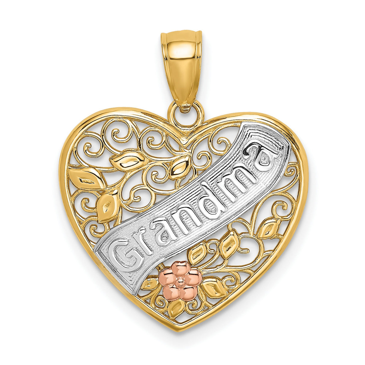 14k Two-Tone Gold Heart Pendant with Filigree Leaves and Rose Grandma Design