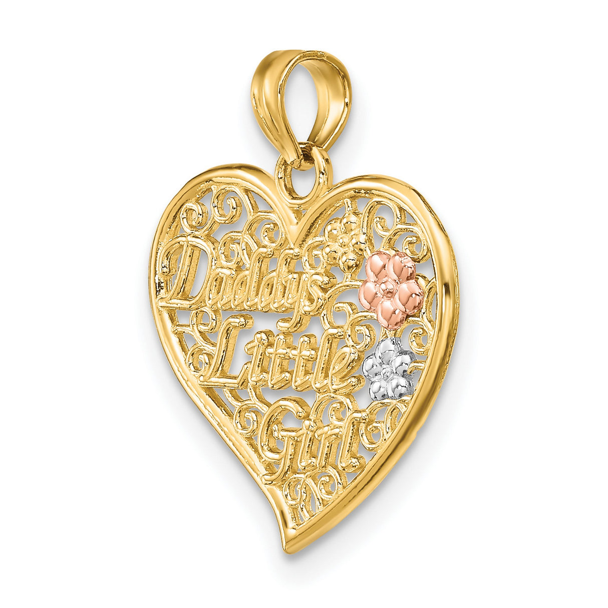 14k Two-Tone Gold Heart Pendant with Floral Accents and Daddys Little Girl Engraving
