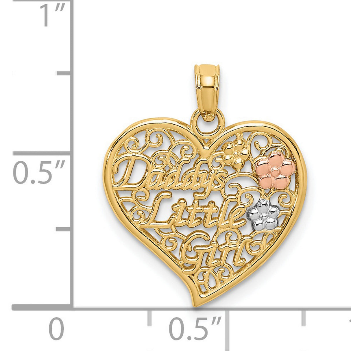14k Two-Tone Gold Heart Pendant with Floral Accents and Daddys Little Girl Engraving