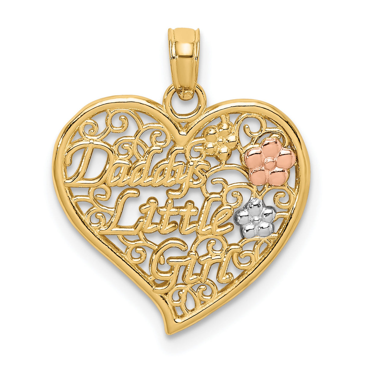 14k Two-Tone Gold Heart Pendant with Floral Accents and Daddys Little Girl Engraving