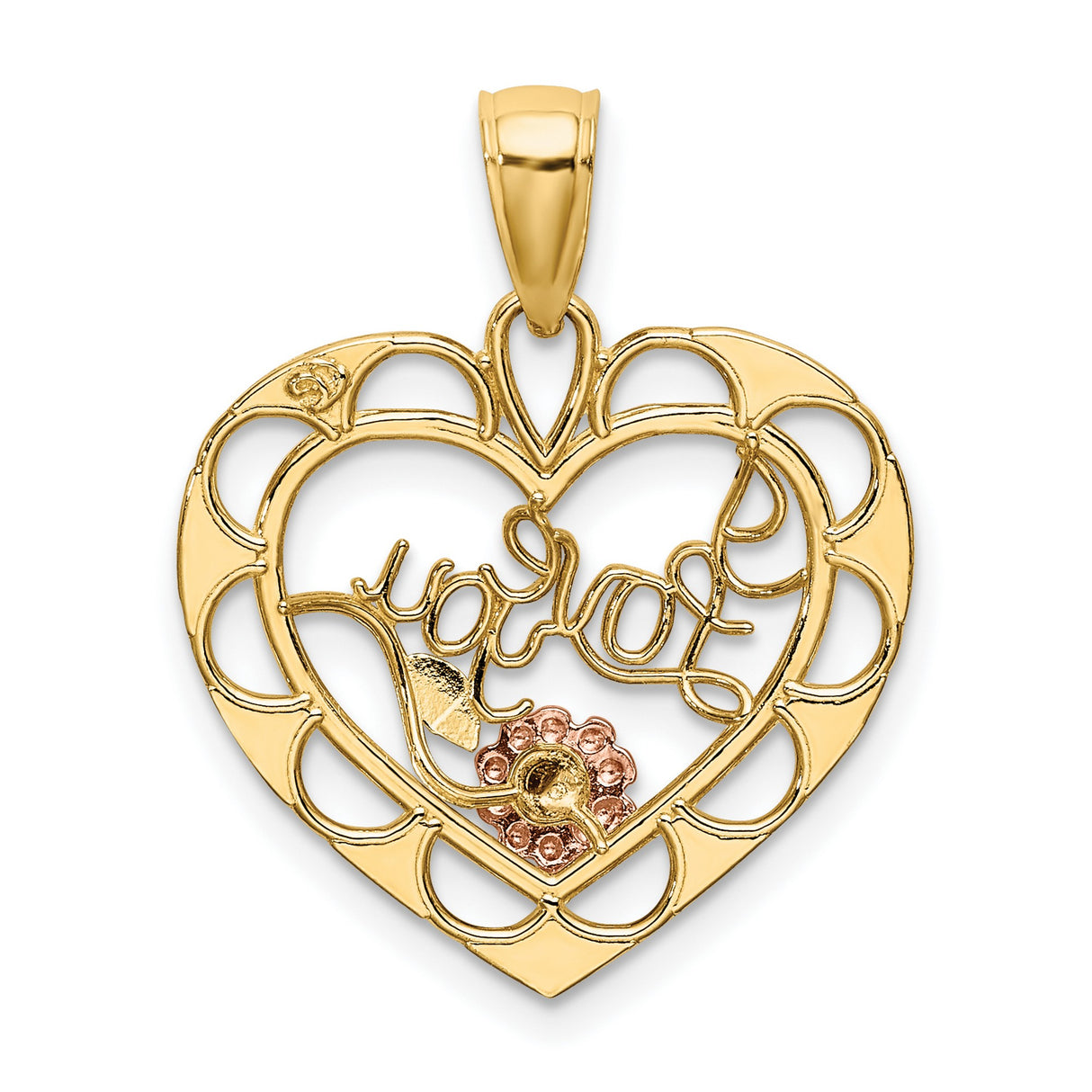 14k Two-Tone Gold Heart Pendant with I Love You Script and Rose Gold Floral Accent