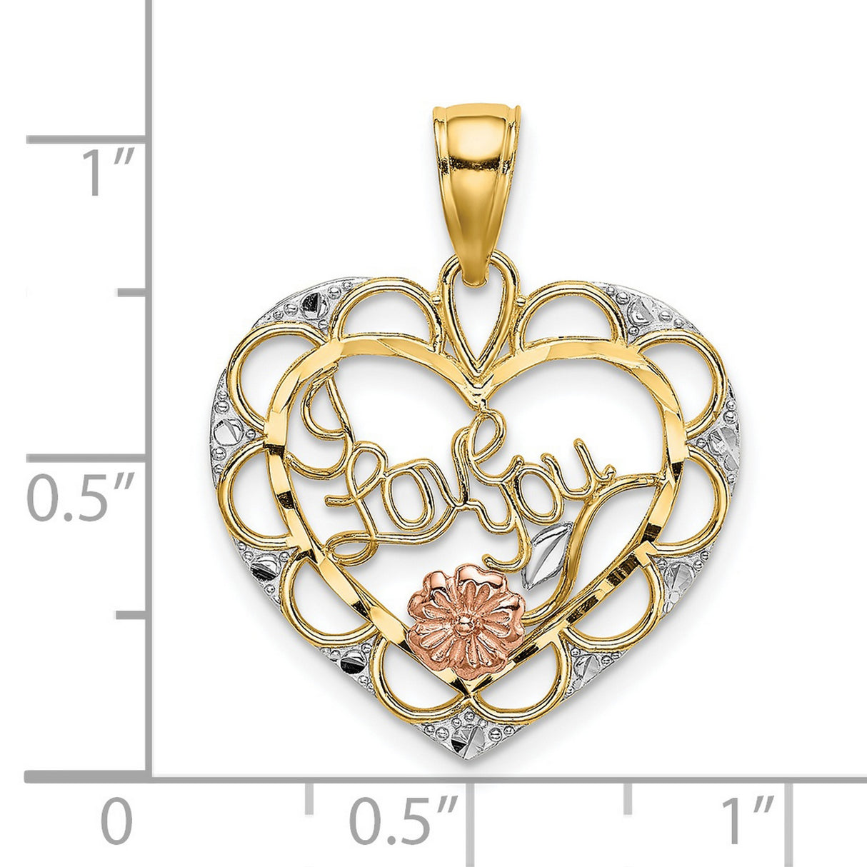 14k Two-Tone Gold Heart Pendant with I Love You Script and Rose Gold Floral Accent