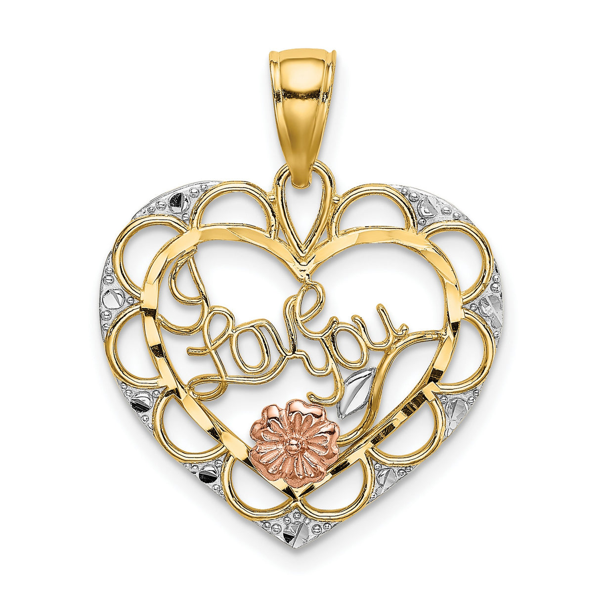 14k Two-Tone Gold Heart Pendant with I Love You Script and Rose Gold Floral Accent
