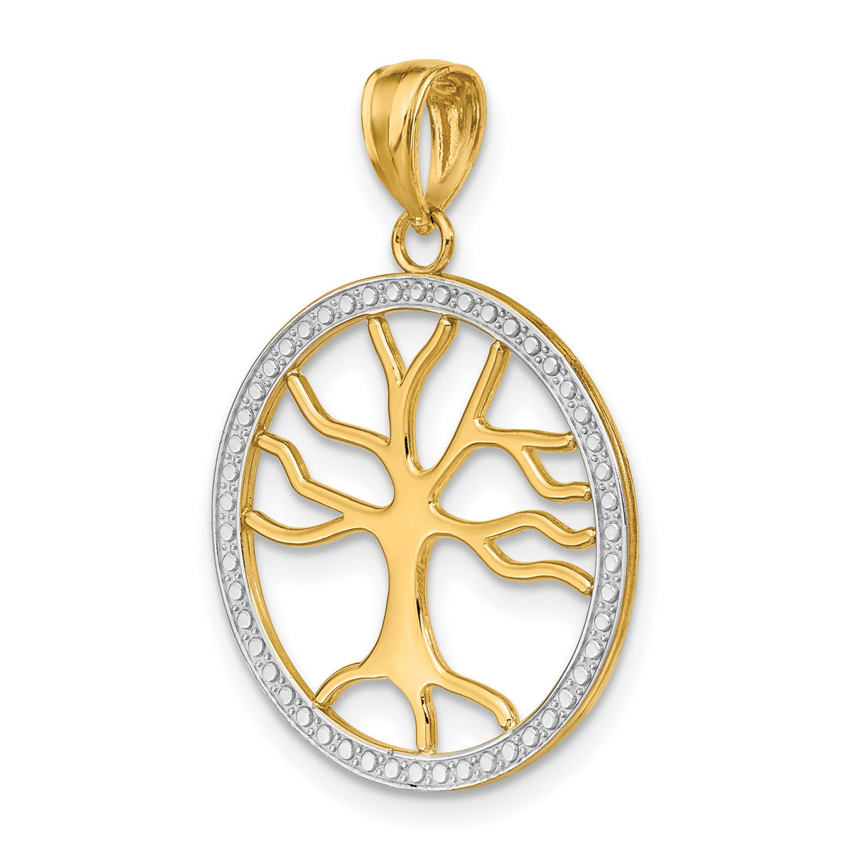 14k Two-Tone Gold Tree of Life Pendant, Openwork Round Design with Textured Border