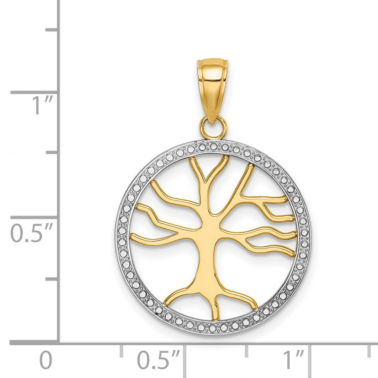 14k Two-Tone Gold Tree of Life Pendant, Openwork Round Design with Textured Border