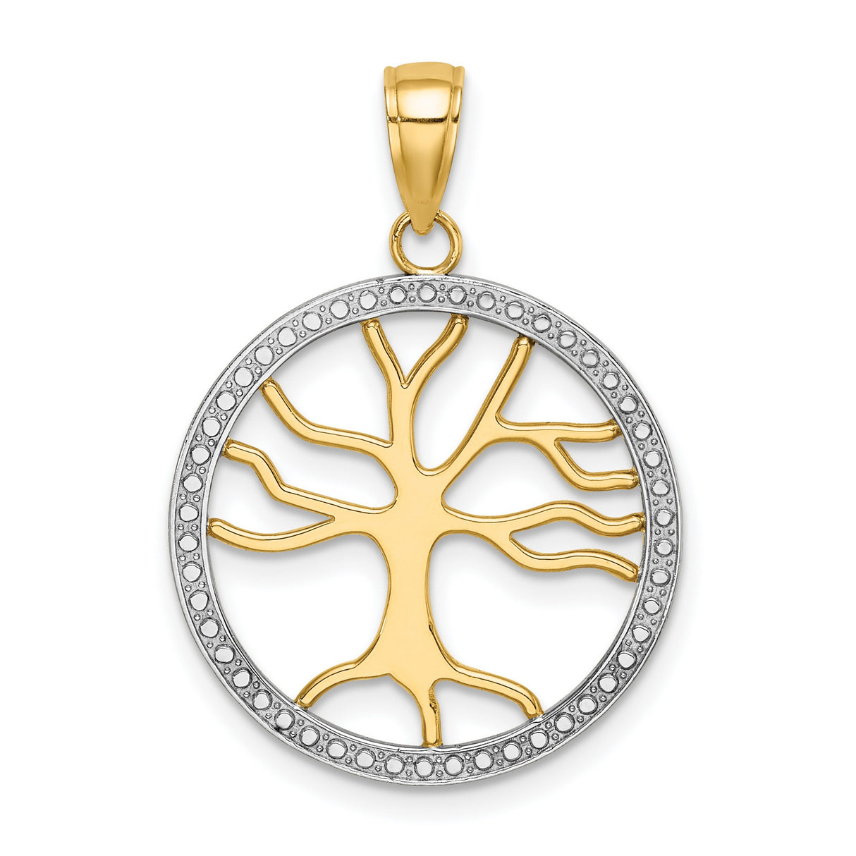 14k Two-Tone Gold Tree of Life Pendant, Openwork Round Design with Textured Border