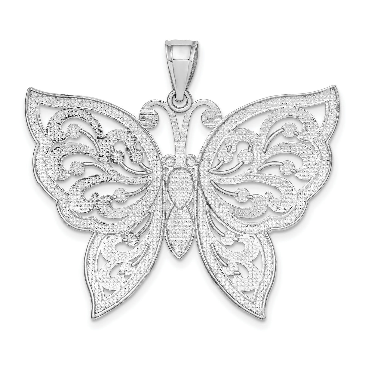 14k White Gold Butterfly Pendant with Filigree Scrollwork, Nature-Inspired Design for Women