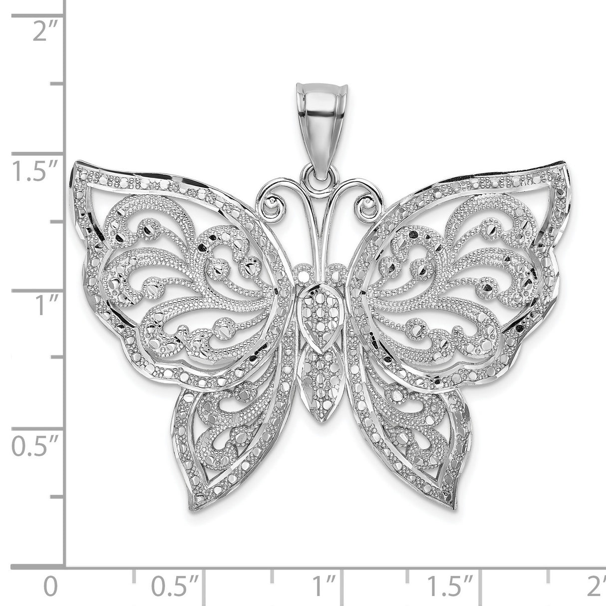 14k White Gold Butterfly Pendant with Filigree Scrollwork, Nature-Inspired Design for Women