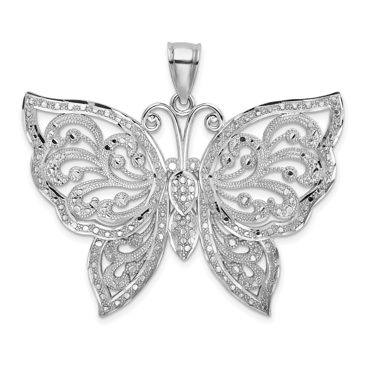 14k White Gold Butterfly Pendant with Filigree Scrollwork, Nature-Inspired Design for Women