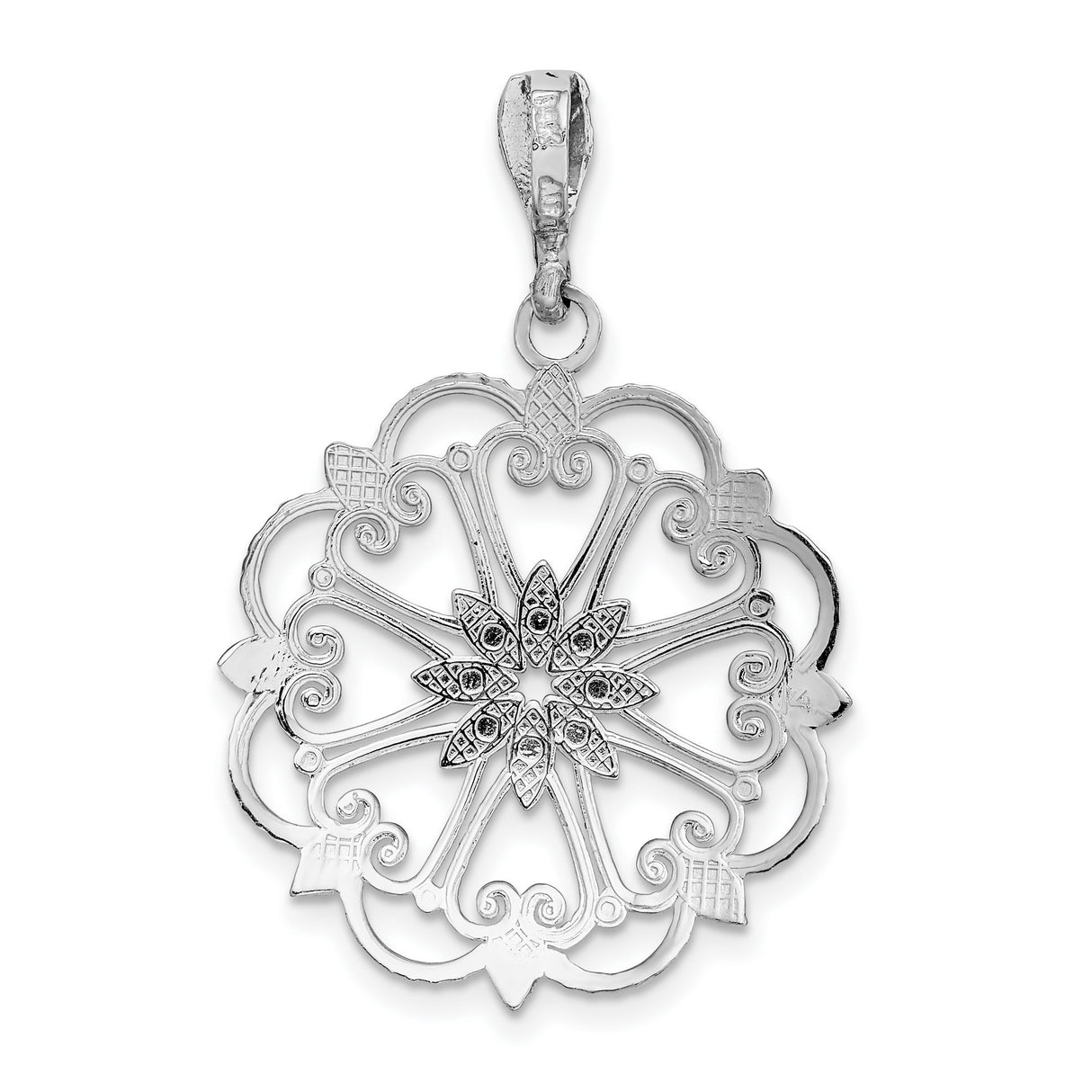 14k White Gold Filigree Pendant with Floral Mandala and Snowflake Openwork Design