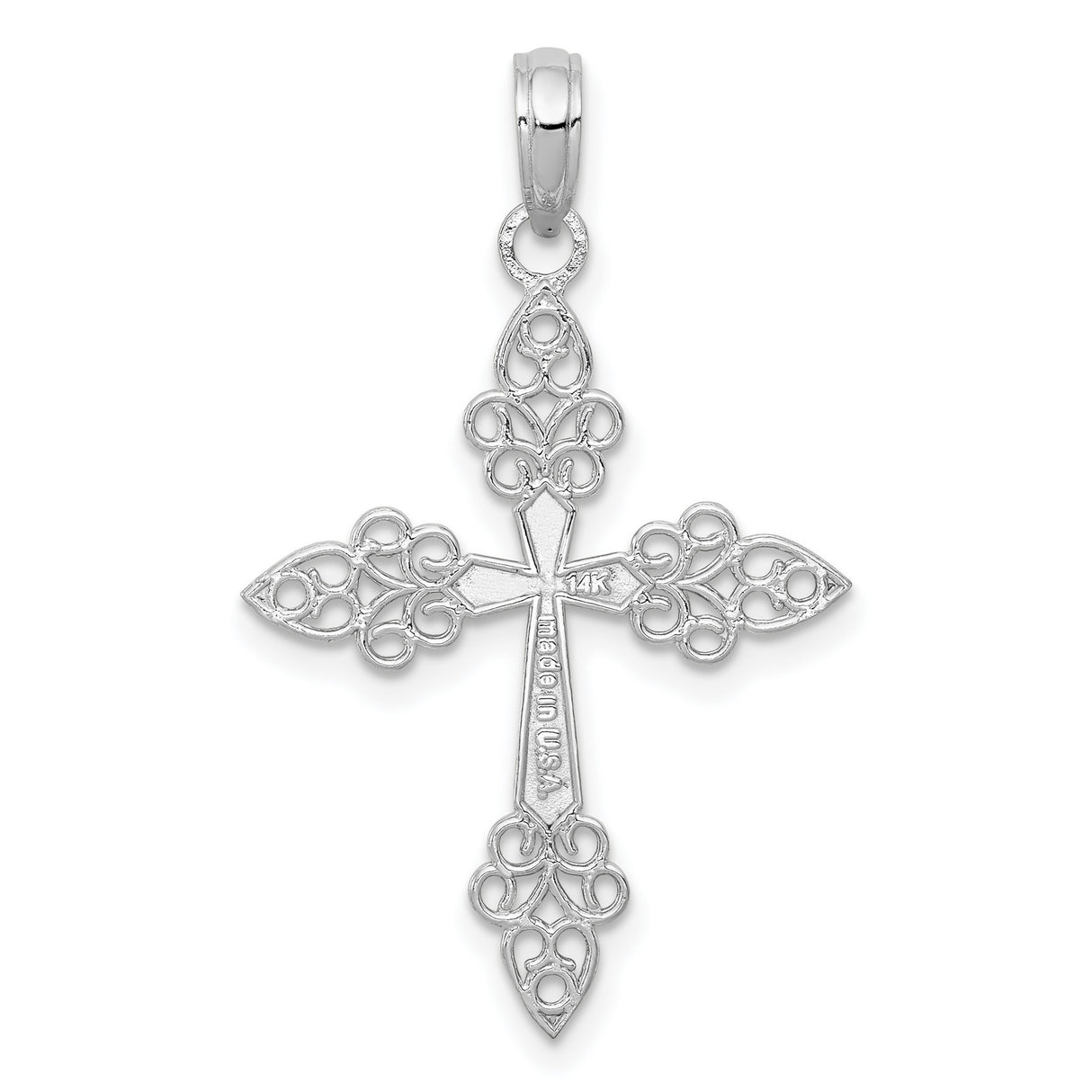 14k White Gold Cross Pendant with Filigree Openwork and Scroll Detailing