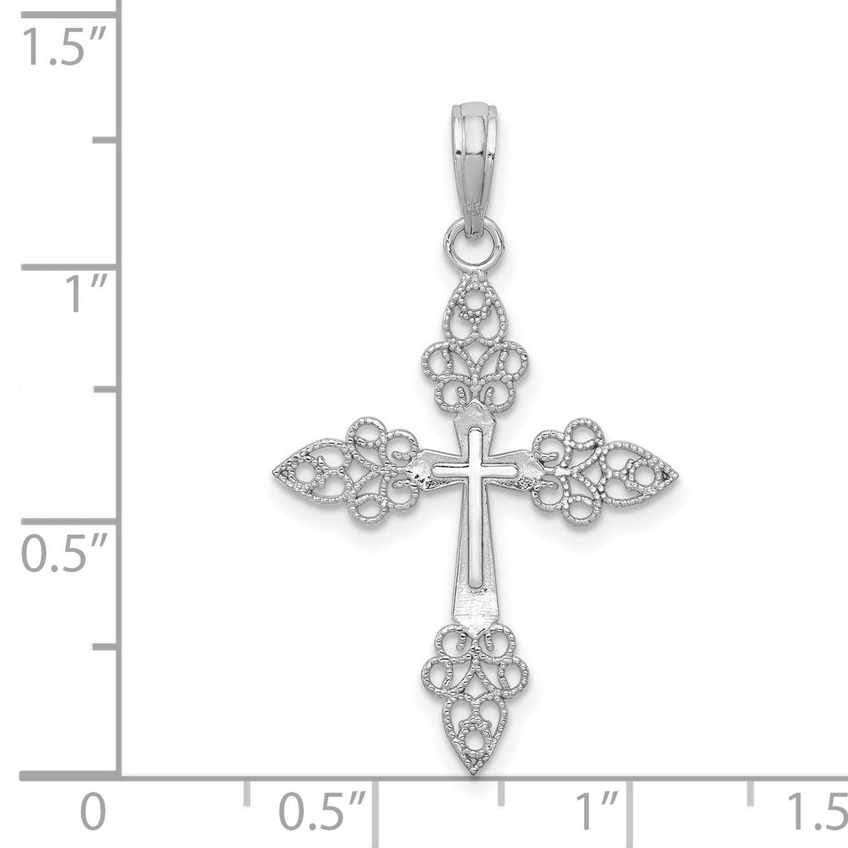 14k White Gold Cross Pendant with Filigree Openwork and Scroll Detailing