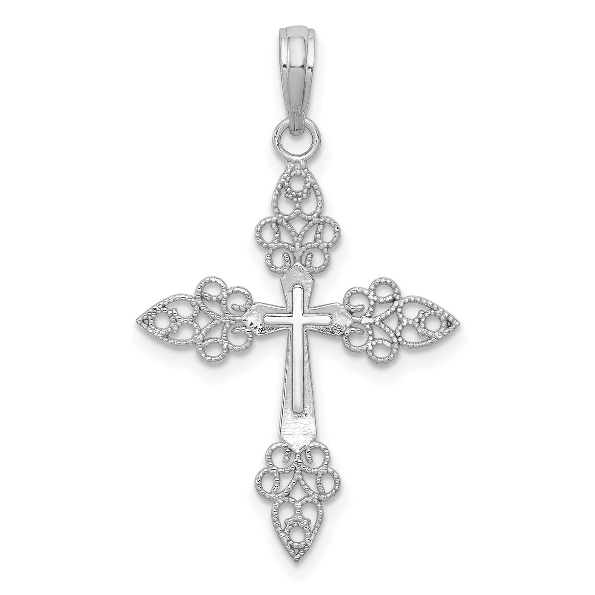 14k White Gold Cross Pendant with Filigree Openwork and Scroll Detailing