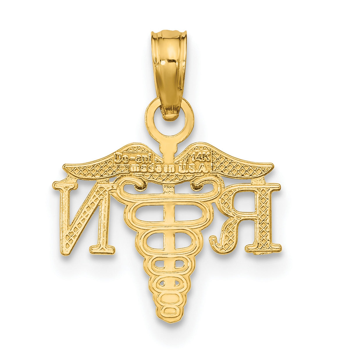 14k Yellow Gold RN Caduceus Pendant, Registered Nurse Medical Symbol Charm for Women and Unisex