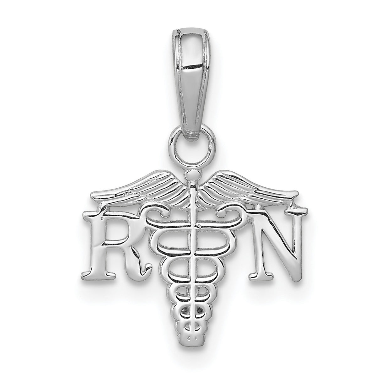 14k White Gold RN Caduceus Pendant with Medical Symbol, Nursing Jewelry for Women