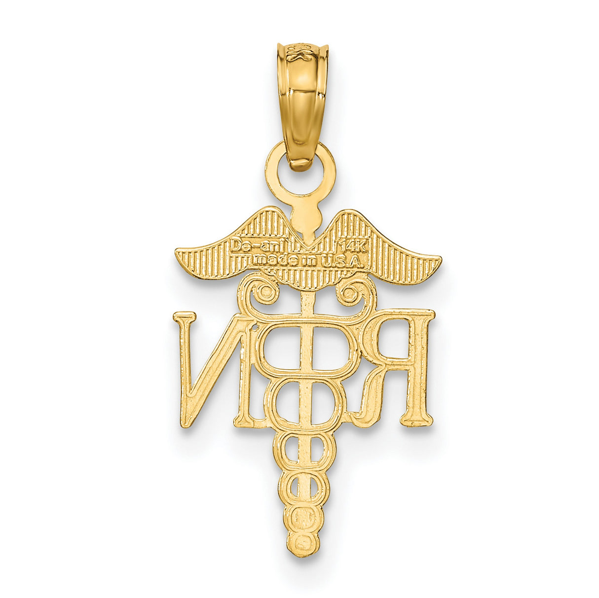 14k Yellow Gold RN Caduceus Pendant, Registered Nurse Medical Symbol Charm