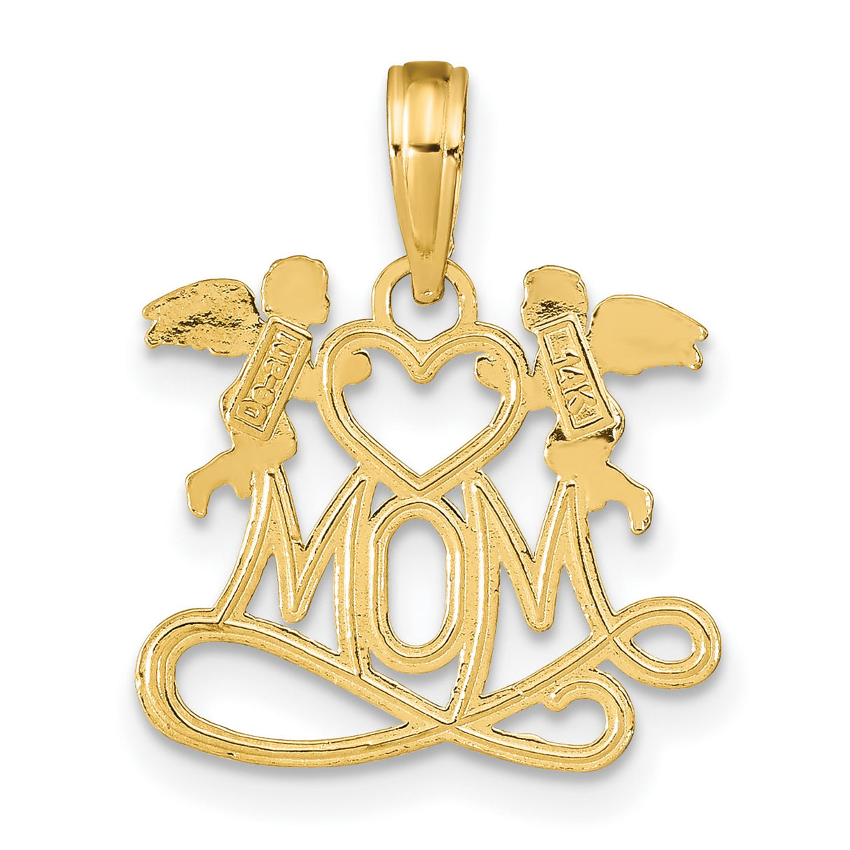 14k Yellow Gold MOM Pendant with Angel Cherubs and Heart, Spiritual Religious Charm for Women