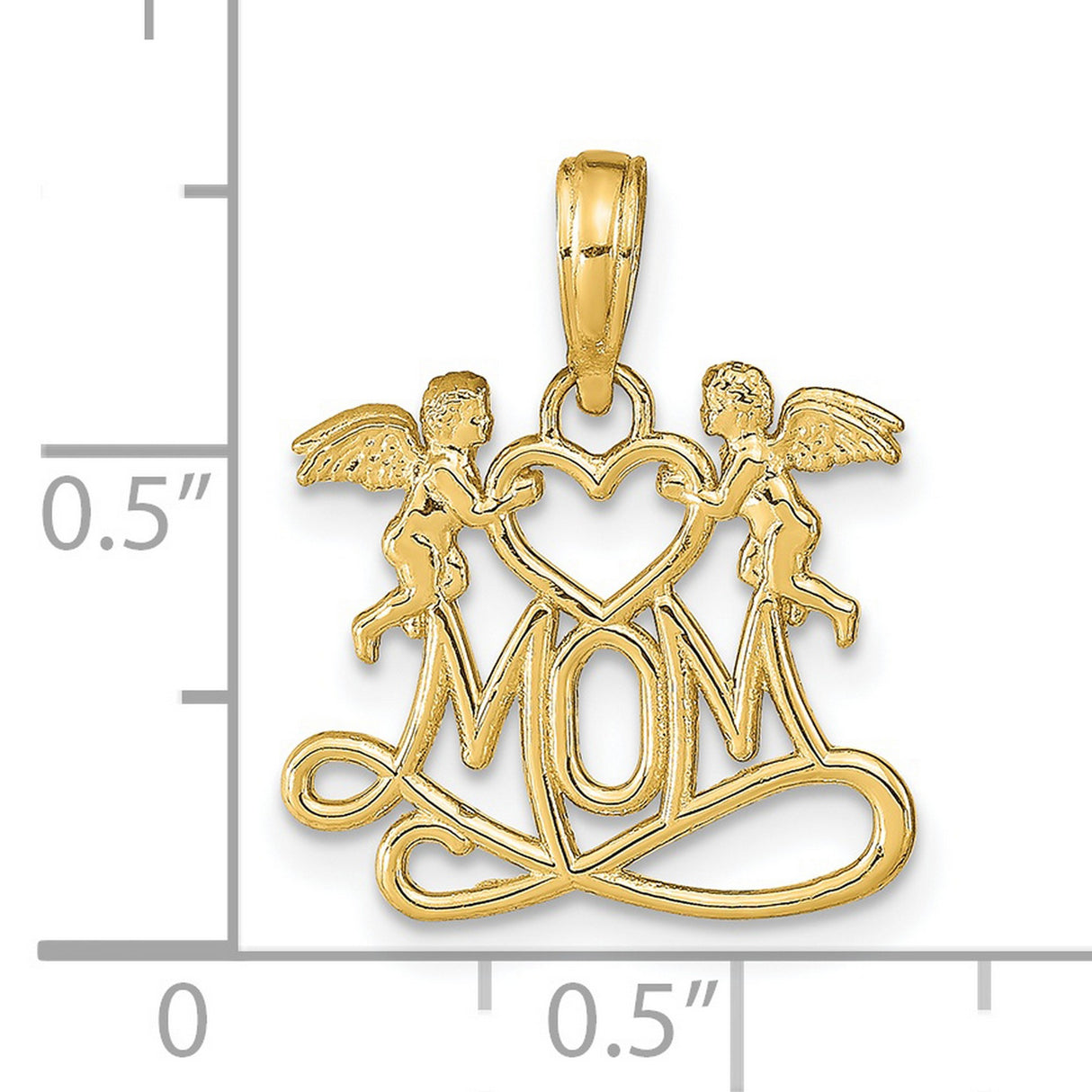 14k Yellow Gold MOM Pendant with Angel Cherubs and Heart, Spiritual Religious Charm for Women