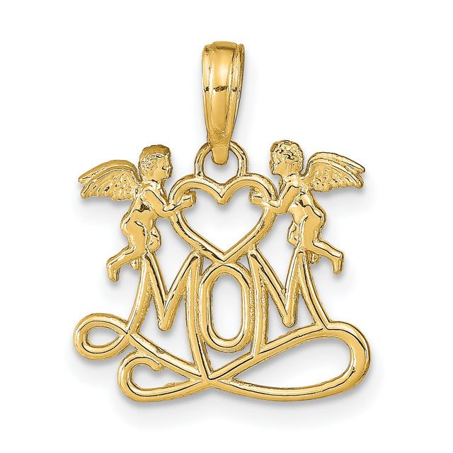 14k Yellow Gold MOM Pendant with Angel Cherubs and Heart, Spiritual Religious Charm for Women