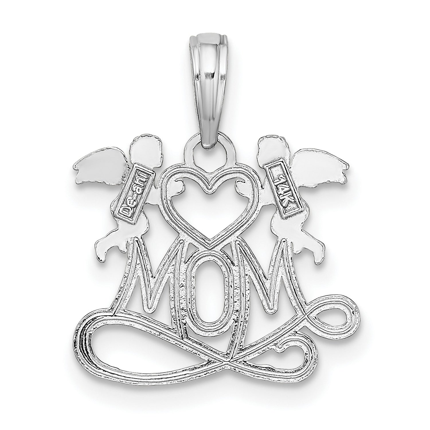 14k White Gold Mom Pendant with Two Cherubs Holding Heart, Angelic Christian Charm