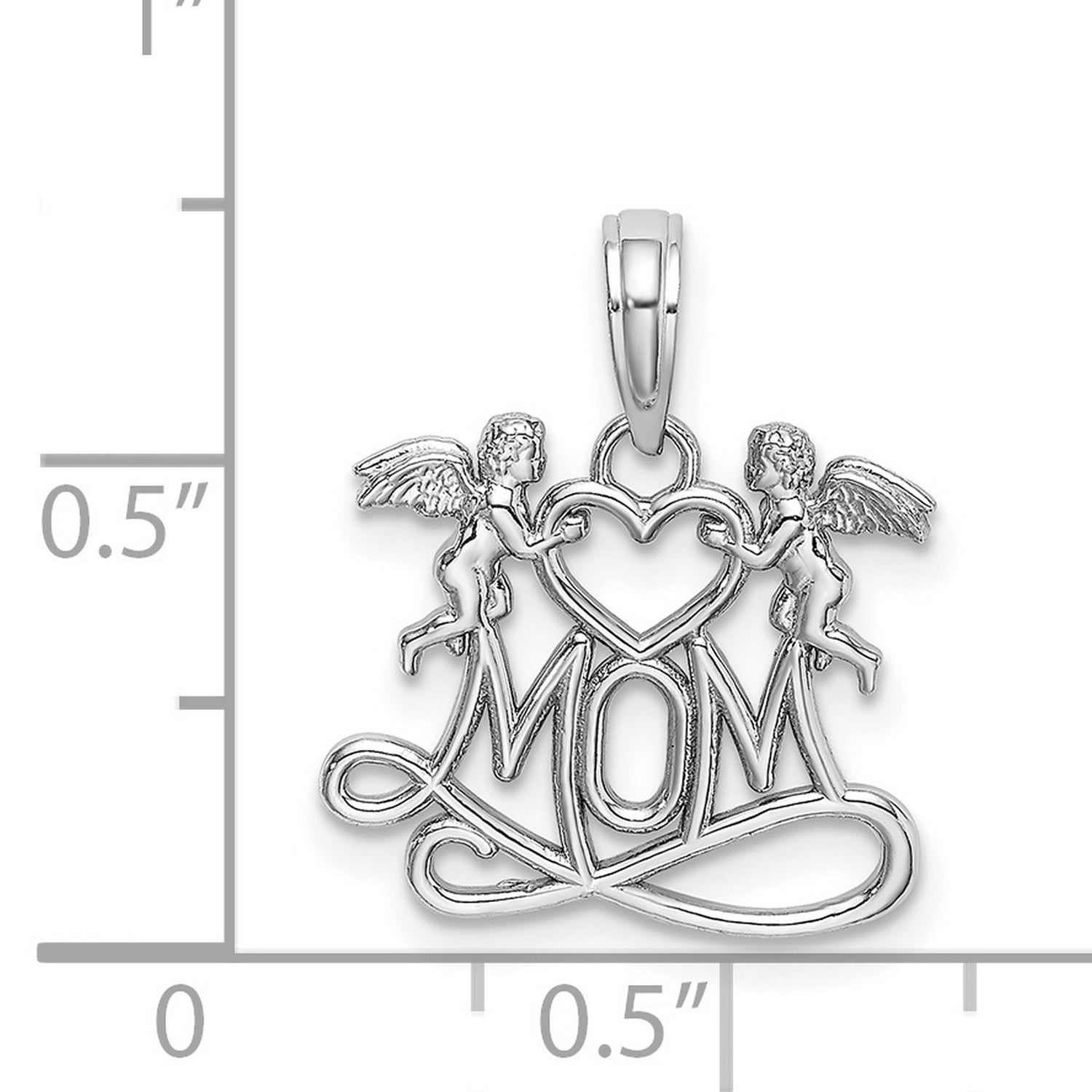 14k White Gold Mom Pendant with Two Cherubs Holding Heart, Angelic Christian Charm