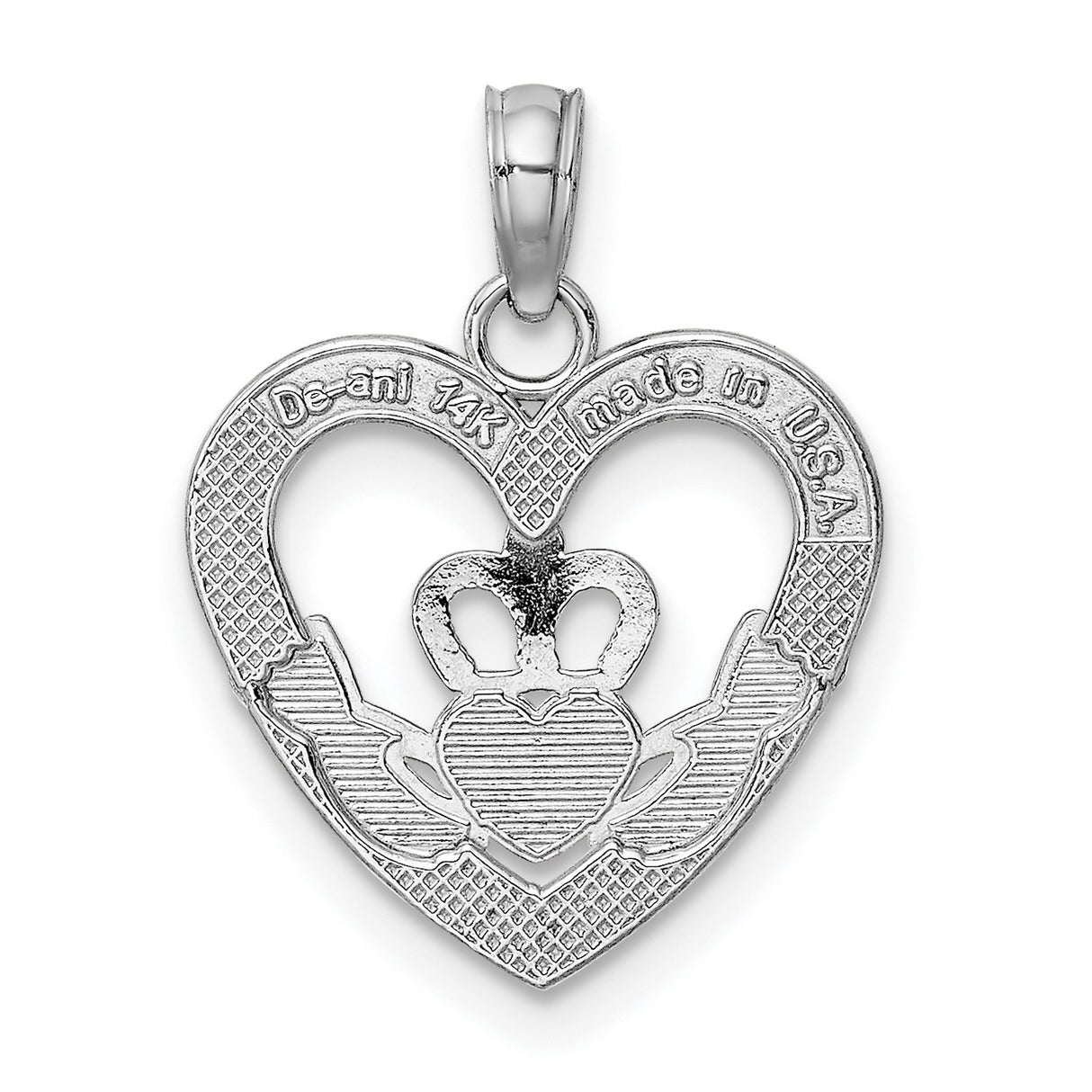 14k White Gold Claddagh Heart Pendant with Hand, Crown, and Heart Symbol, Celtic Irish Jewelry for Women
