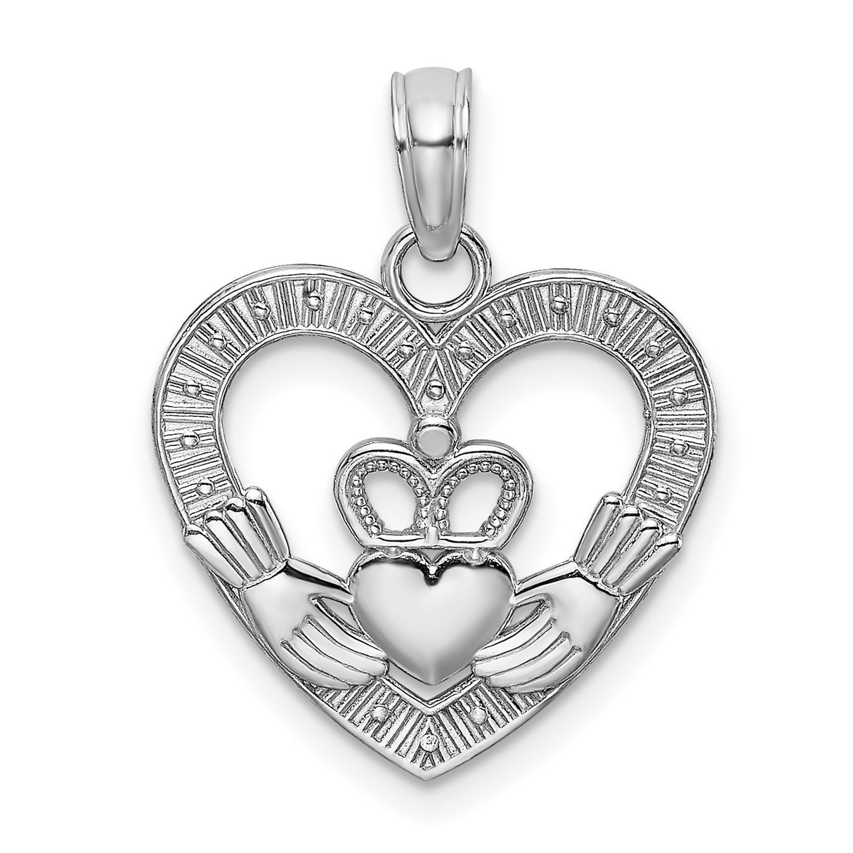 14k White Gold Claddagh Heart Pendant with Hand, Crown, and Heart Symbol, Celtic Irish Jewelry for Women