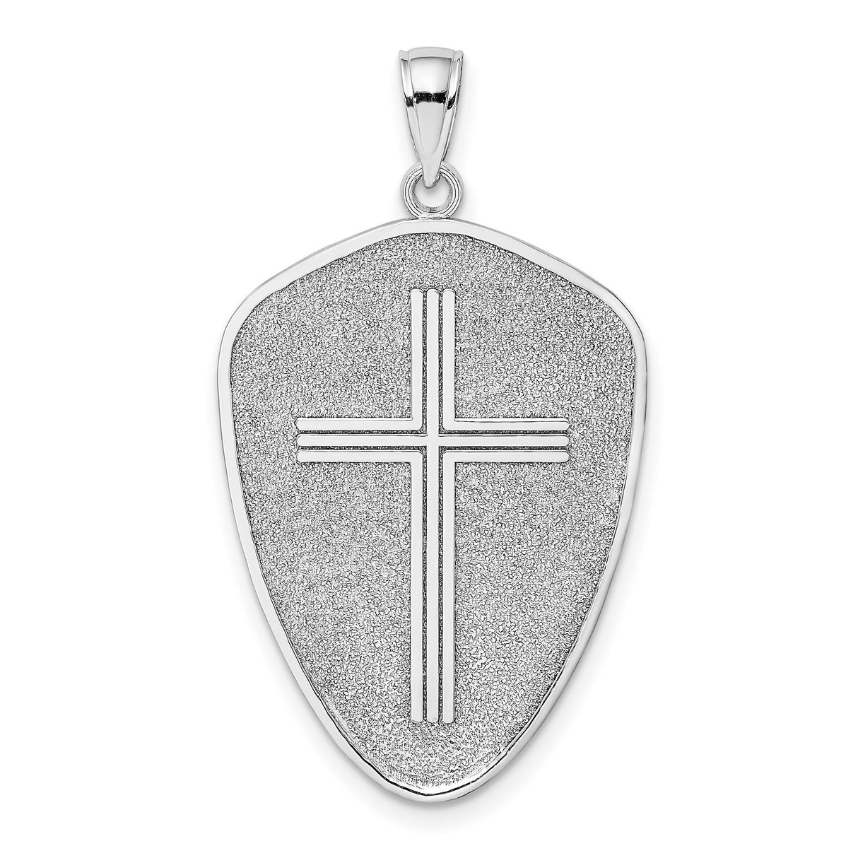 14k White Gold Cross Shield Pendant with Sandblasted Texture, Christian Faith Symbol