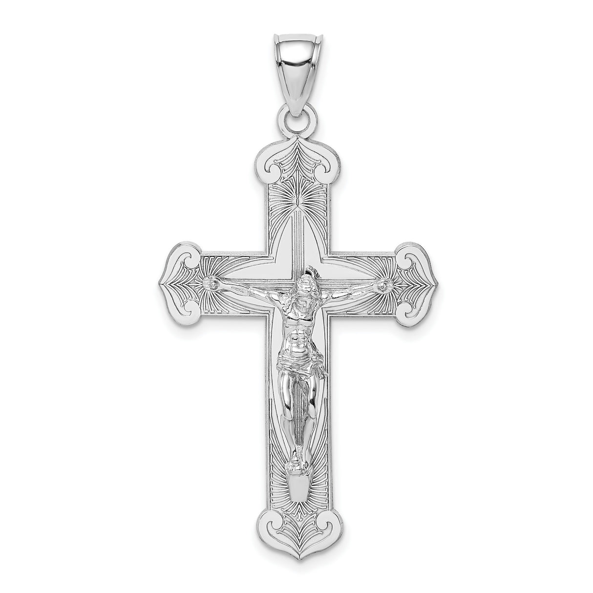 14k White Gold Crucifix Cross Pendant with Jesus Detail, Religious Filigree Charm for Men and Women