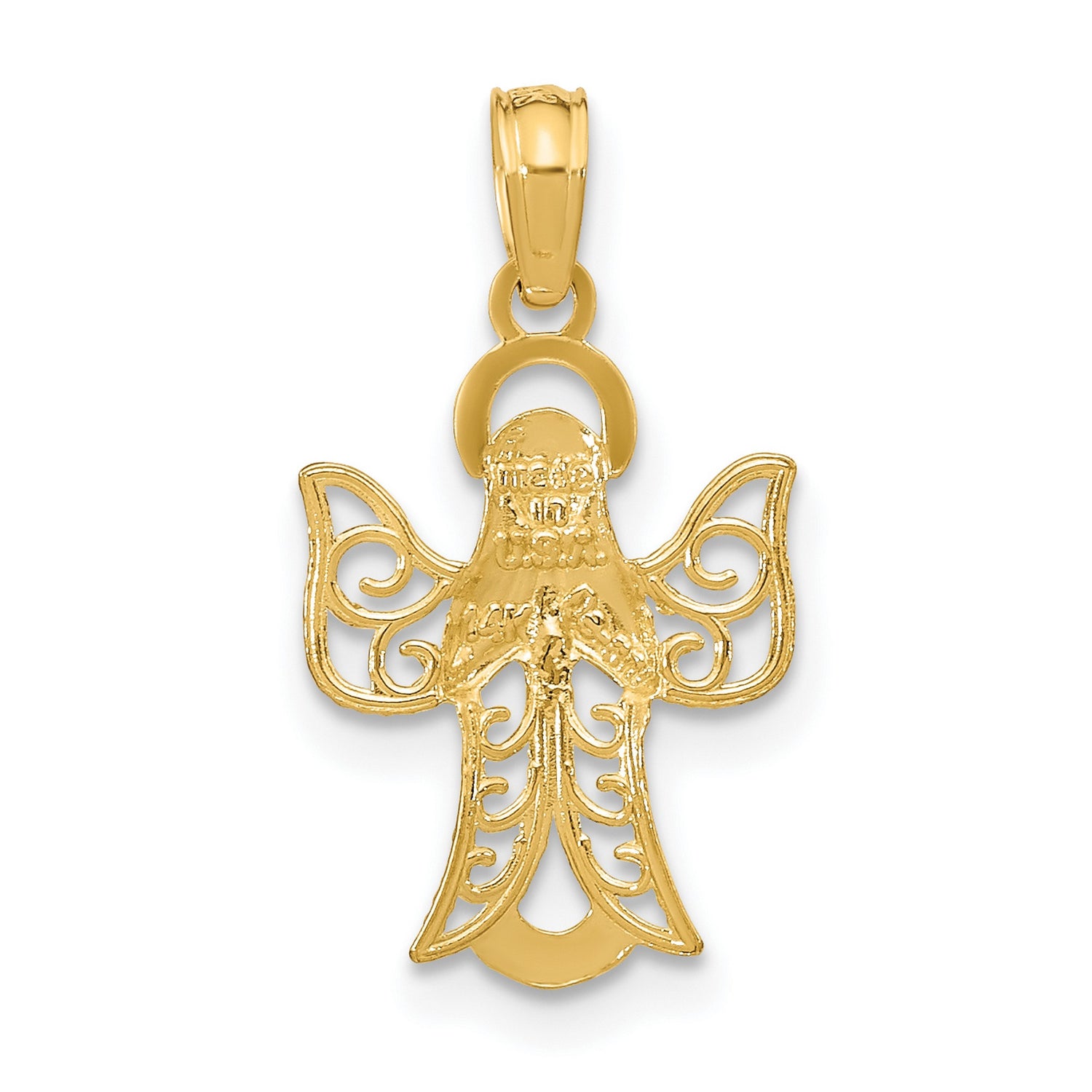 14k Yellow Gold Angel Pendant with Filigree Design and Praying Hands Halo