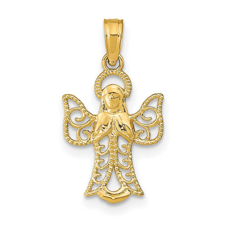 14k Yellow Gold Angel Pendant with Filigree Design and Praying Hands Halo