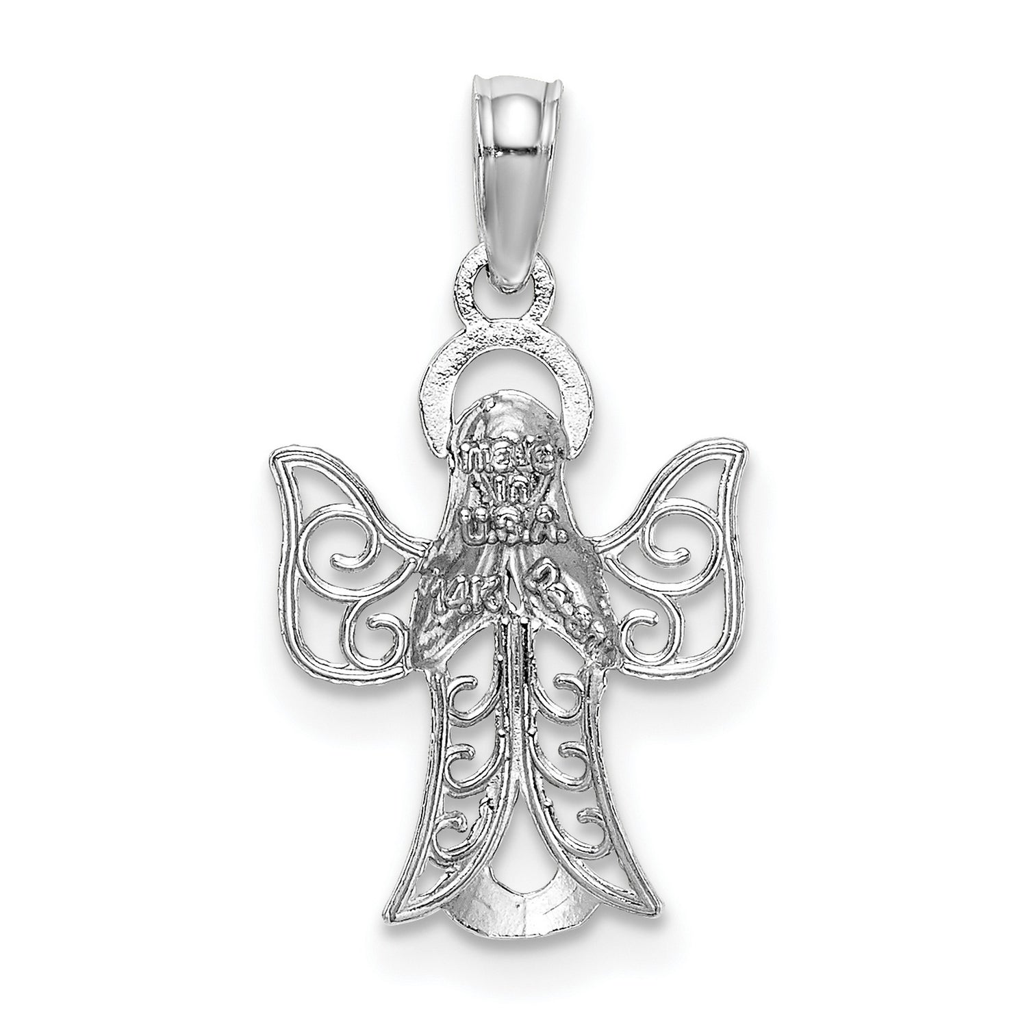 14k White Gold Angel Pendant with Filigree Detailing and Halo , Religious Charm for Women