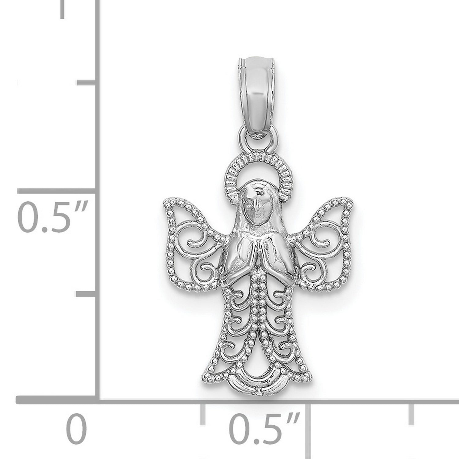 14k White Gold Angel Pendant with Filigree Detailing and Halo , Religious Charm for Women