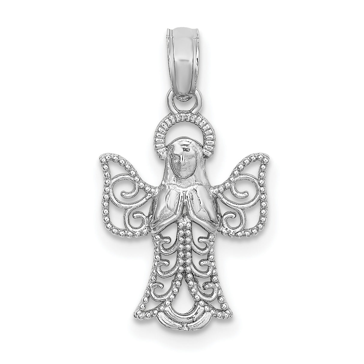 14k White Gold Angel Pendant with Filigree Detailing and Halo , Religious Charm for Women