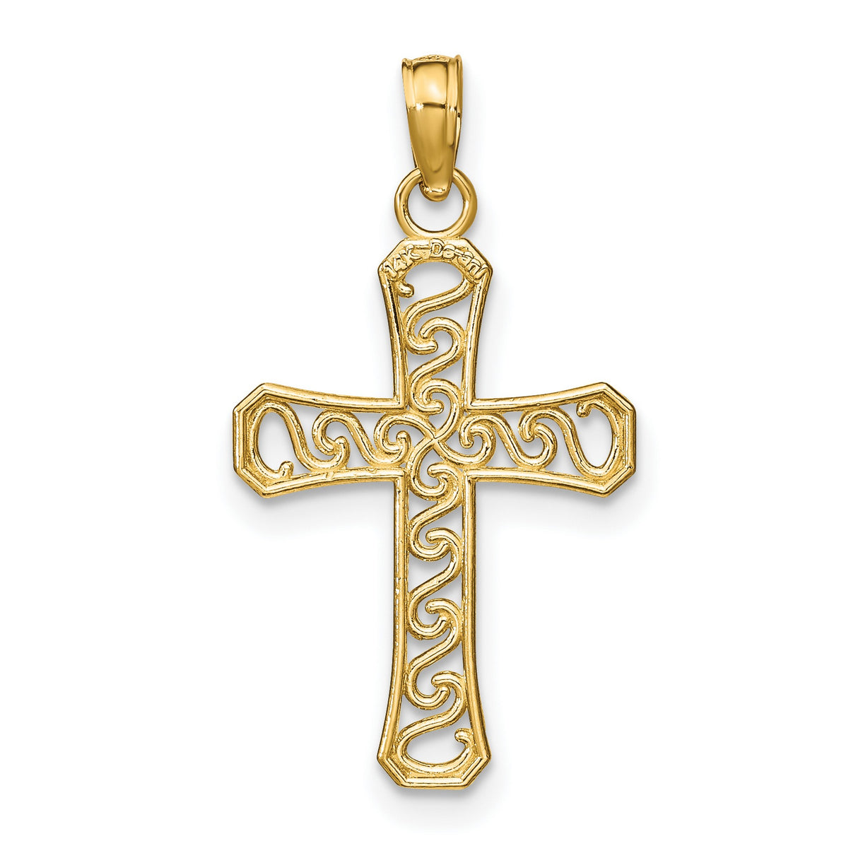 14k Yellow Gold Cross Pendant with Intricate Openwork Swirl Filigree Design