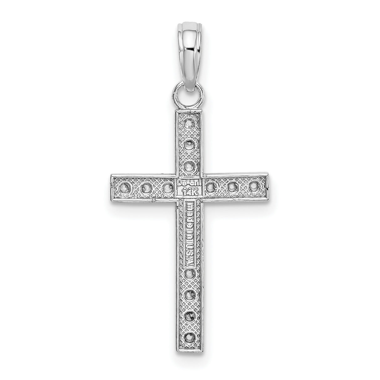 14k White Gold Cross Pendant with Beaded Charm and Openwork Lace Design